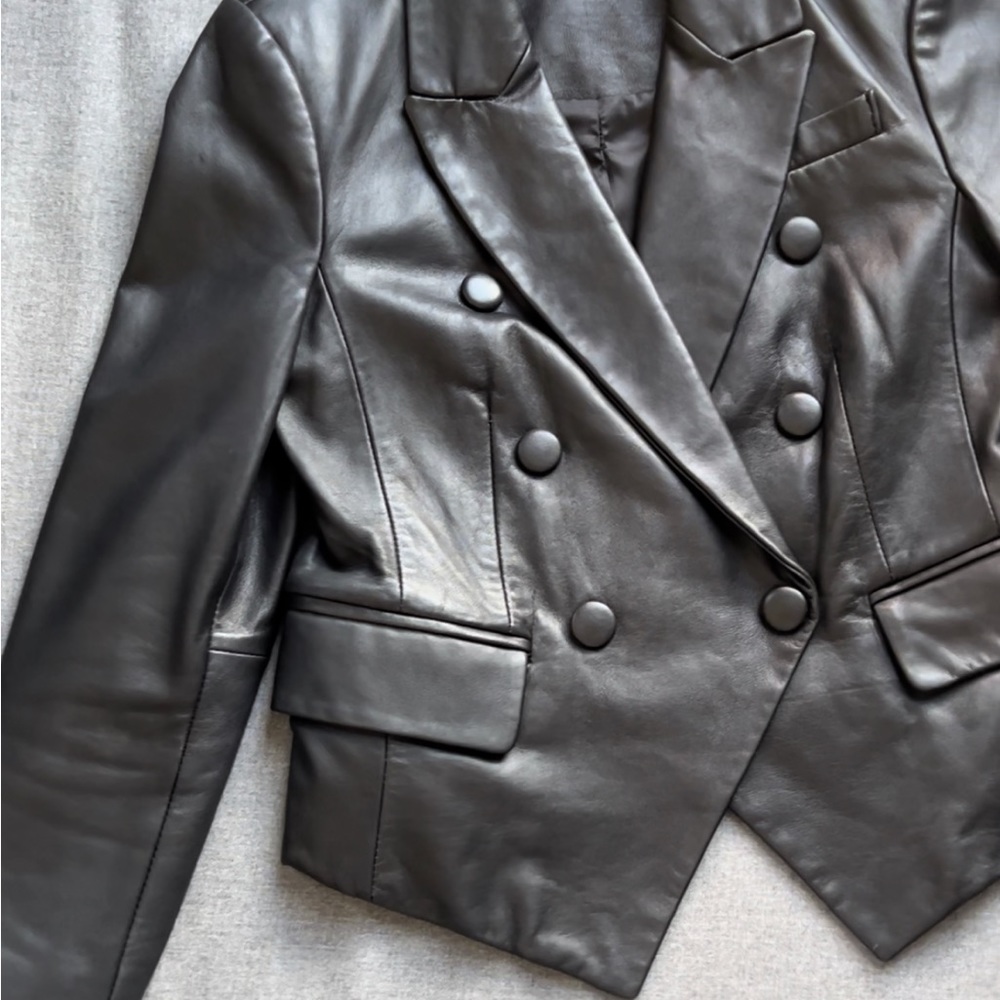 Bagatelle Double-Breasted Black Leather Jacket - Picture 2 of 8